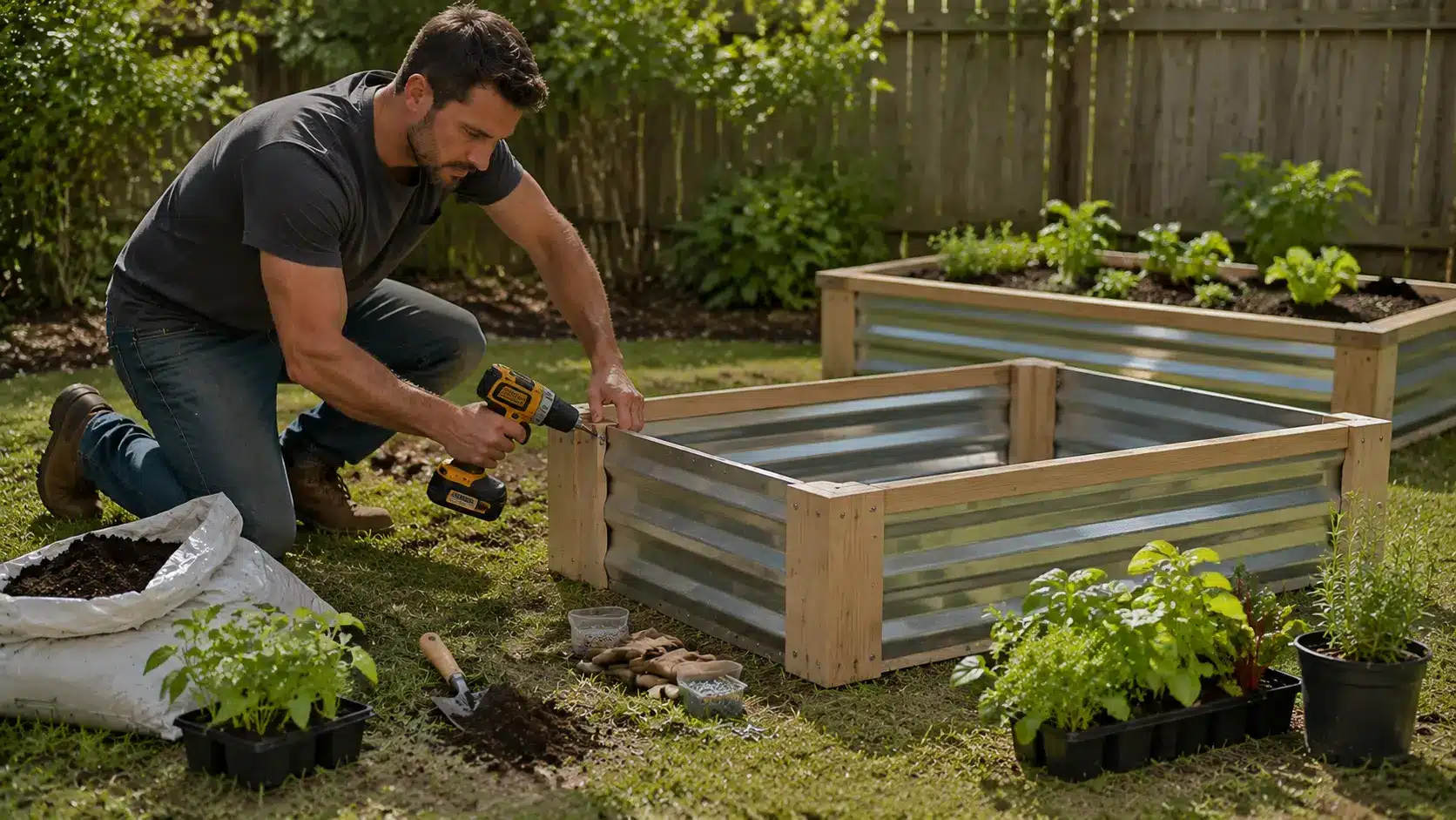 diy home projects shows man making raised garden bed in backyard with drill, soil, seedlings, gloves, trowel, and plants