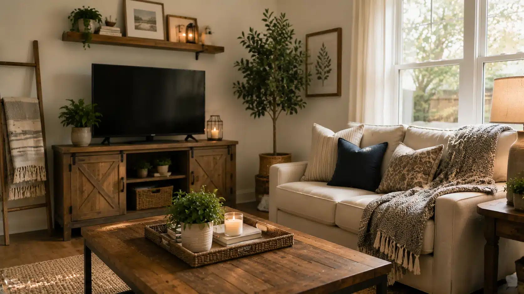 diy home projects shows modern farmhouse living room with organized furniture, plants, textured decor, and natural light