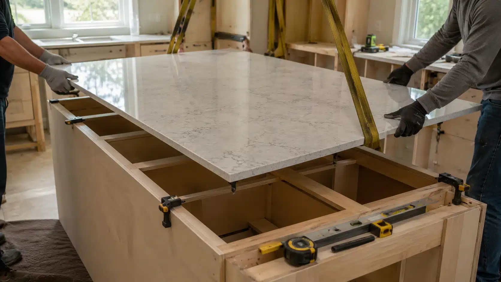 workers carefully place a heavy stone top onto a sturdy base