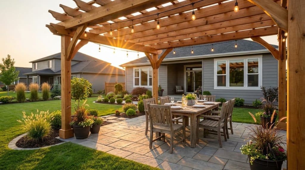 hyper realistic wooden diy pergola over a backyard patio with warm lights and outdoor seating