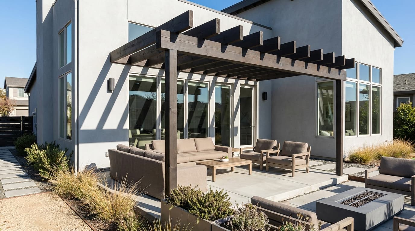 modern minimal pergola with dark wood clean lines and simple patio furniture