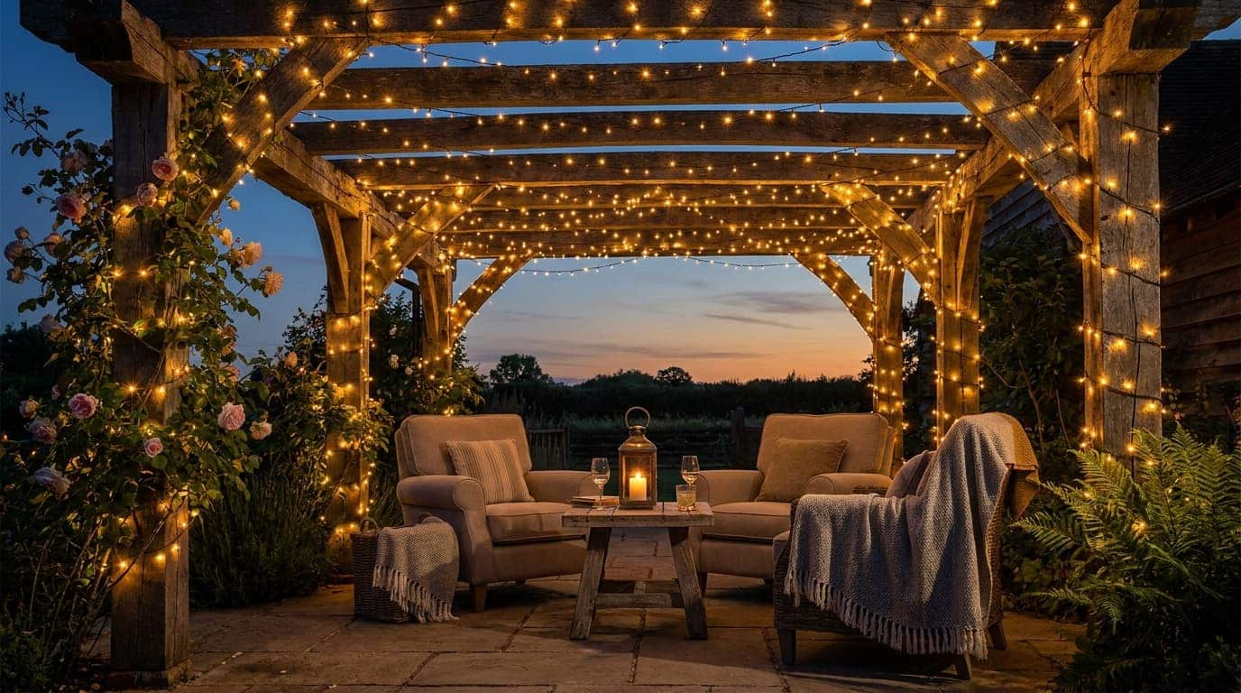 a pergola lit with warm outdoor string lights over a cozy seating area at dusk with wood and greenery textures