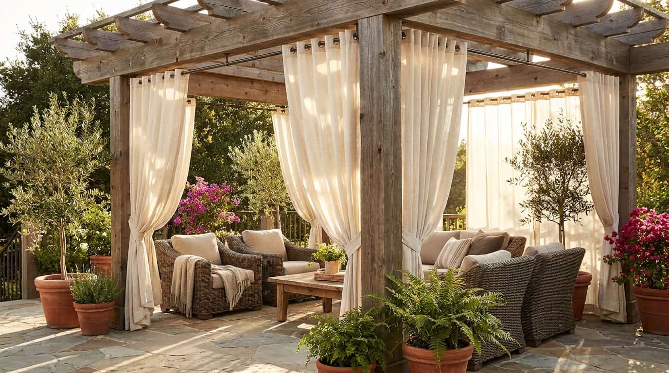 a pergola with weather resistant curtains creating a private cozy outdoor seating area with sunlight and plants