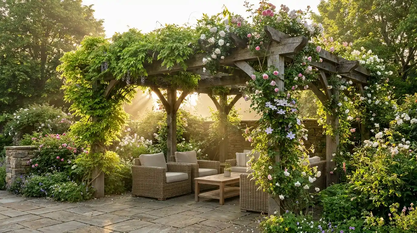 wooden pergola with climbing plants and flowers creating natural shade over patio seating