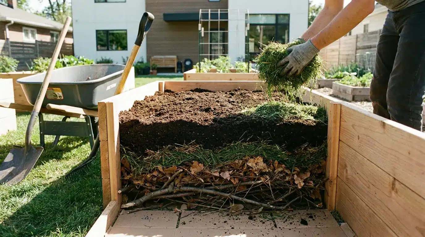 DIY raised garden bed layers with cardboard, branches, leaves, compost, and topsoil for low-cost garden bed filling.