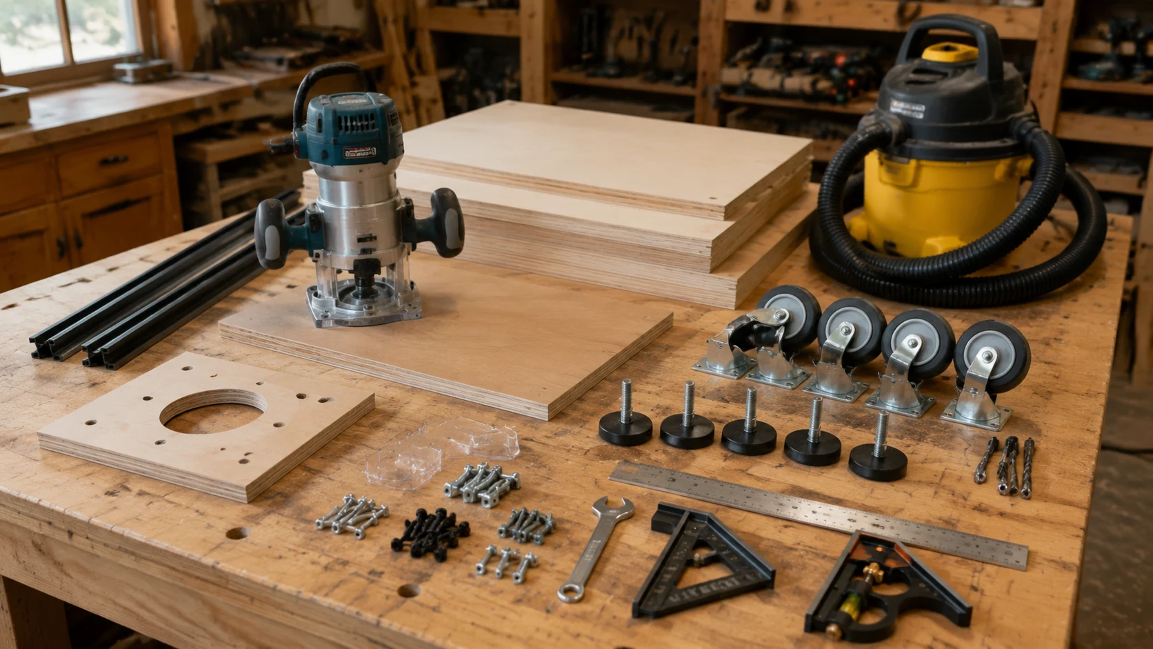 essential router table plans tools on workbench