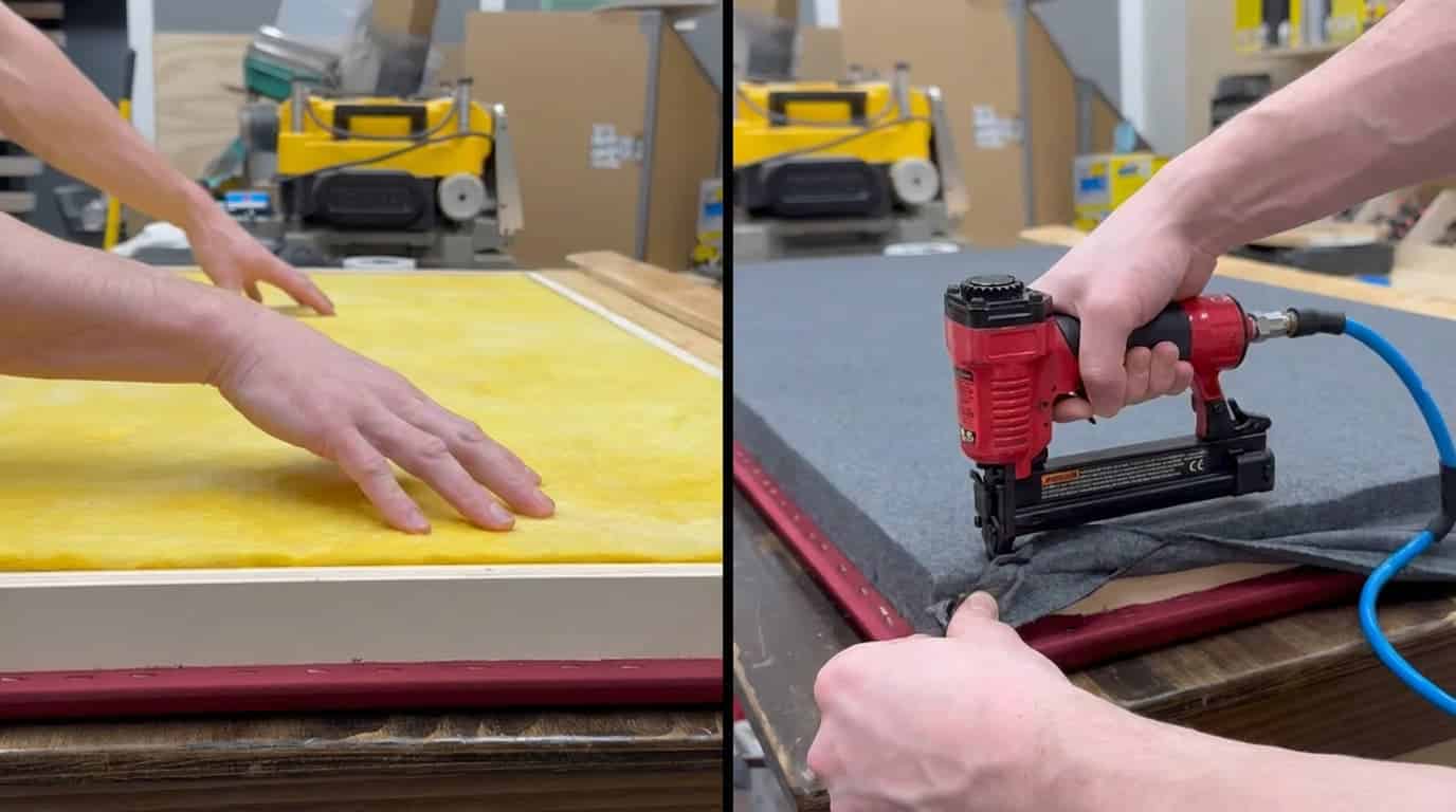 rigid acoustic insulation placed inside a fabric wrapped diy panel with covered rear side