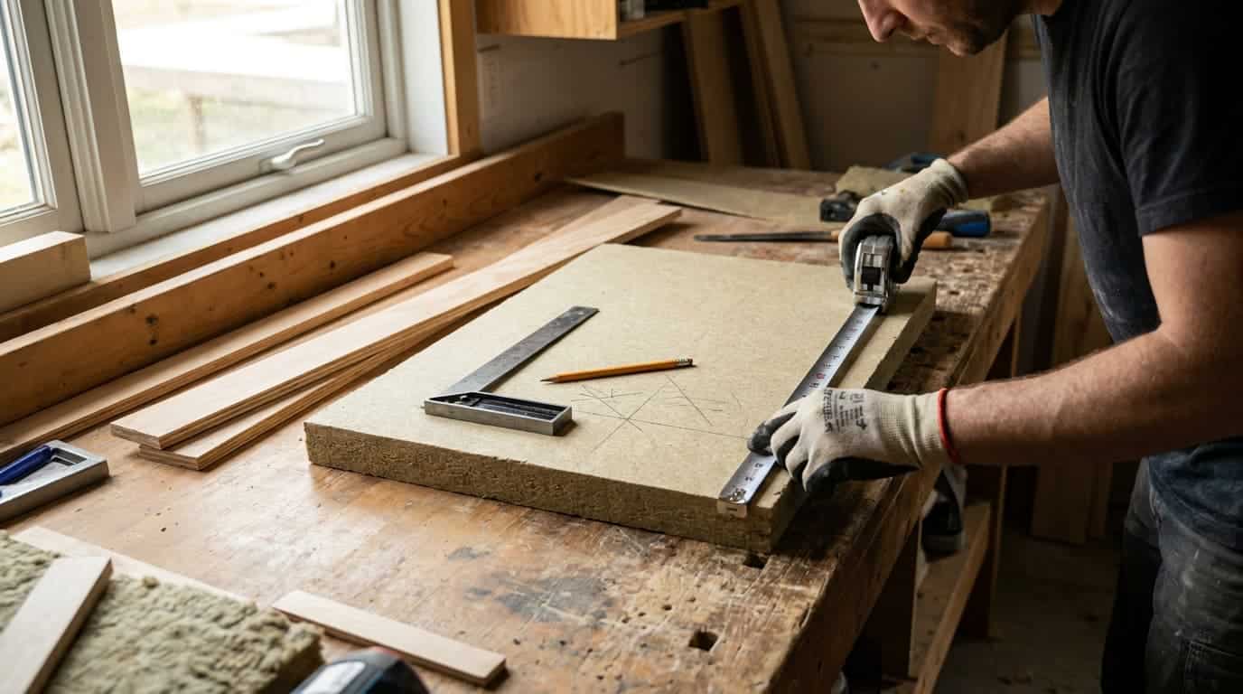 builder measuring rigid insulation board before cutting a matching plywood acoustic panel frame