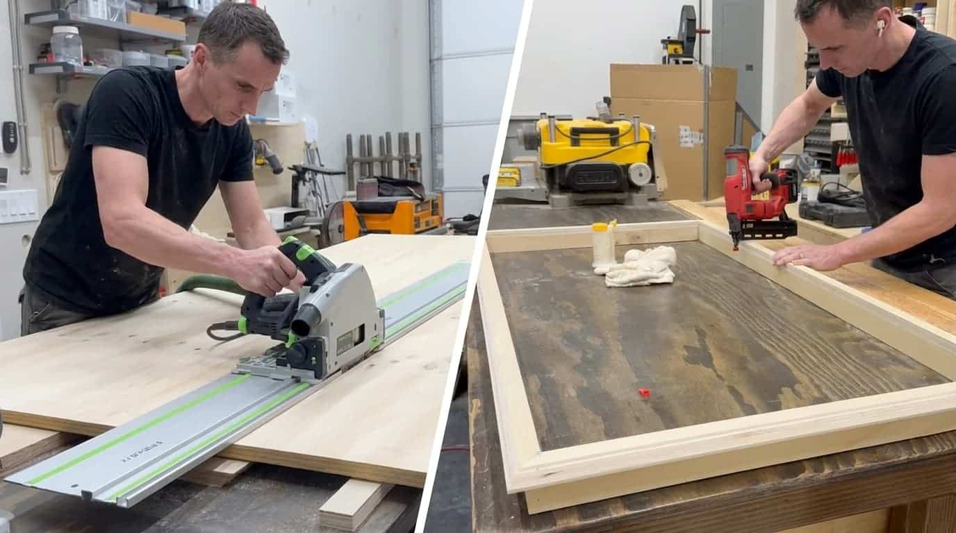 person cutting plywood and assembling a wooden frame for a diy acoustic panel in a workshop