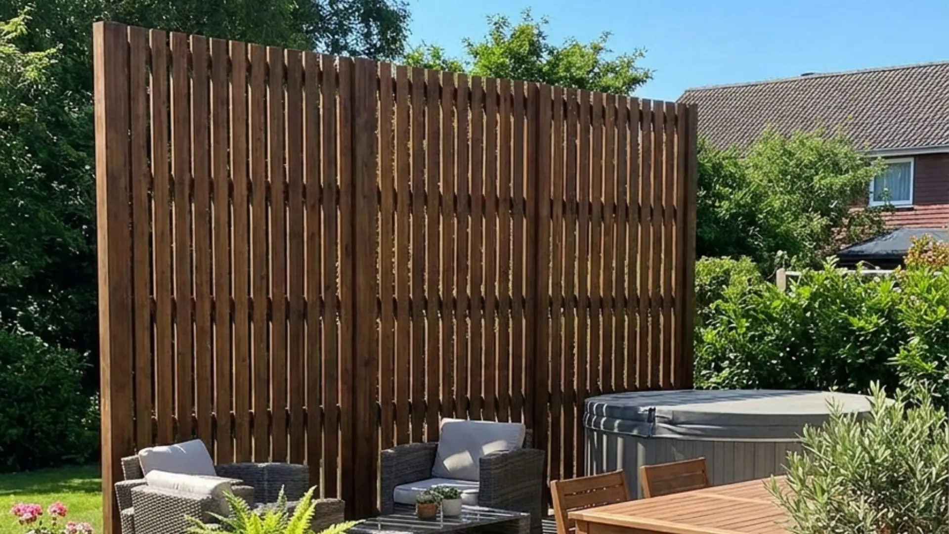 diy wood slat privacy screen beside a patio seating area with narrow gaps and a clean modern finish