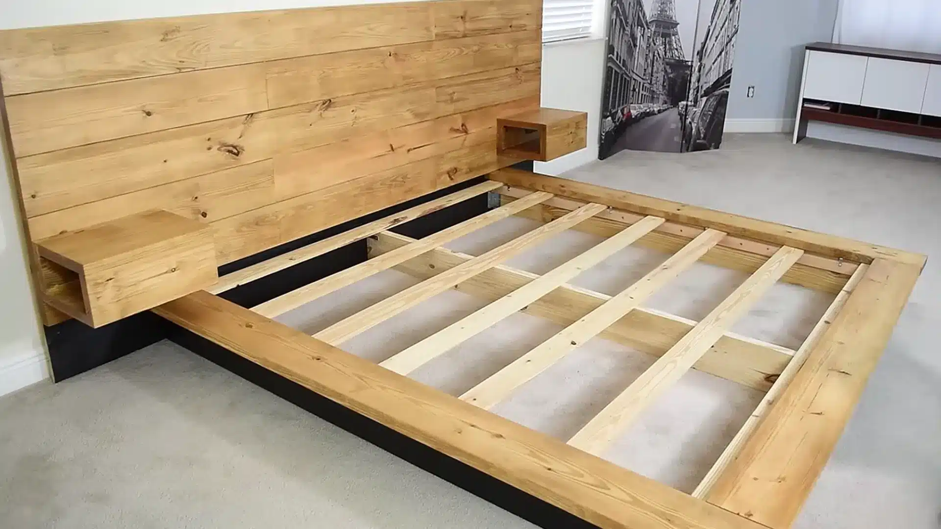 DIY floating wooden bed frame in the modern bedroom