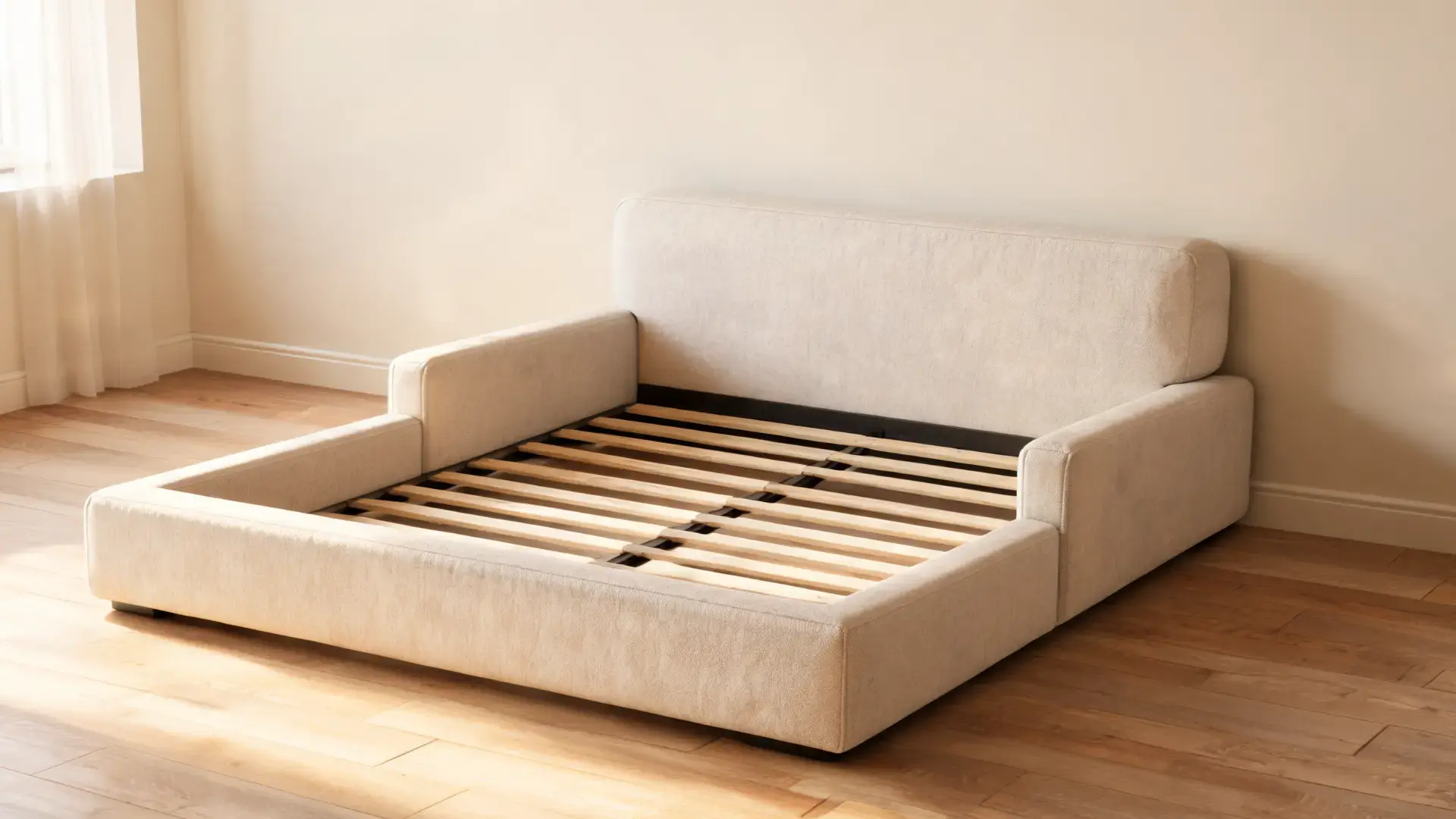 DIY upholstered bed frame with neutral fabric padding and no mattress in a softly lit bedroom, (1)