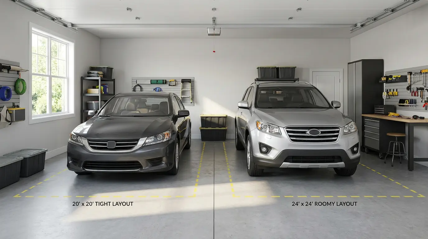 double car garage dimensions with two parked vehicles showing side clearance and daily parking space