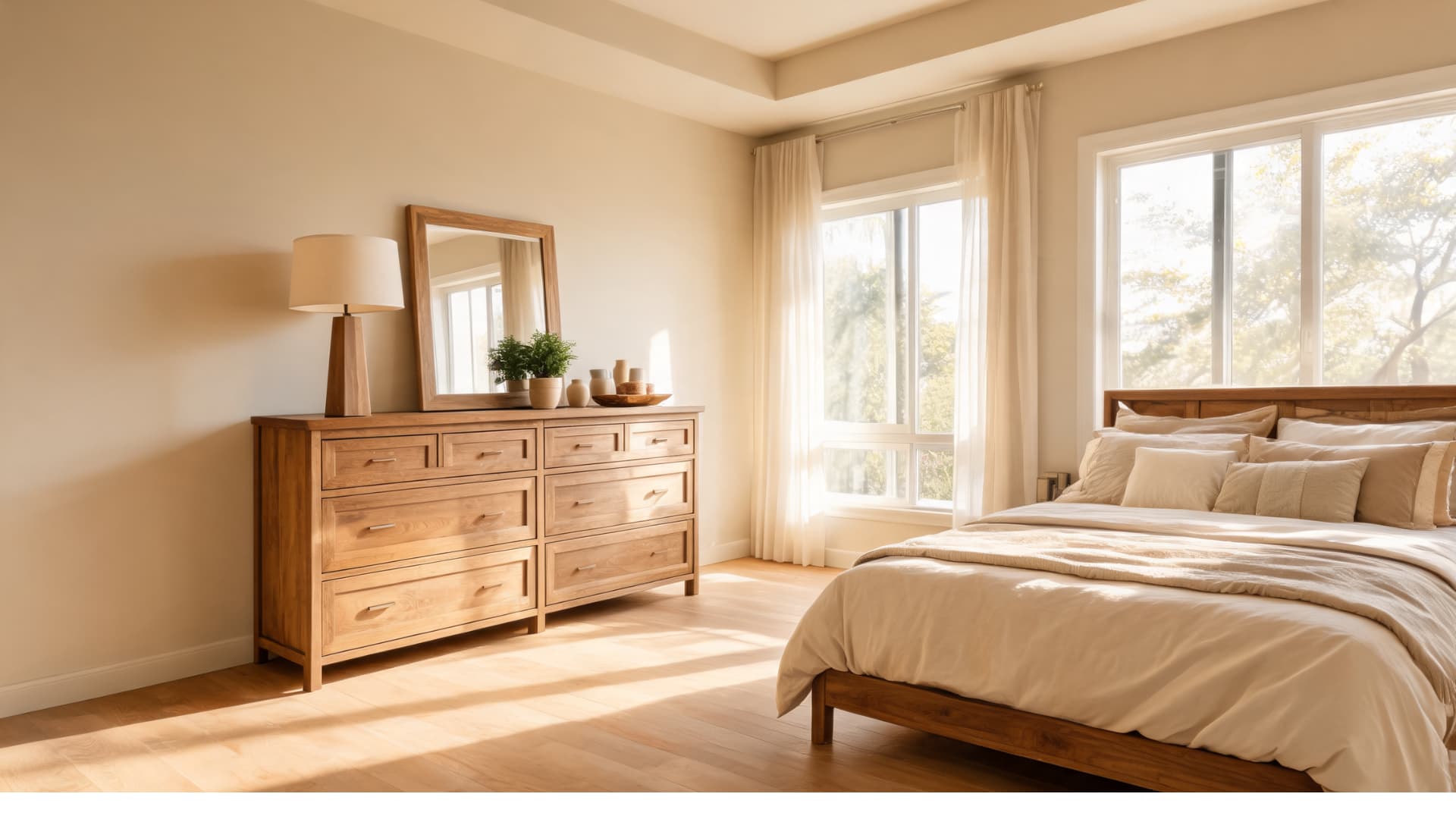 sunlit bedroom with elegant wooden double dresser soft neutral decor and spacious modern interior design