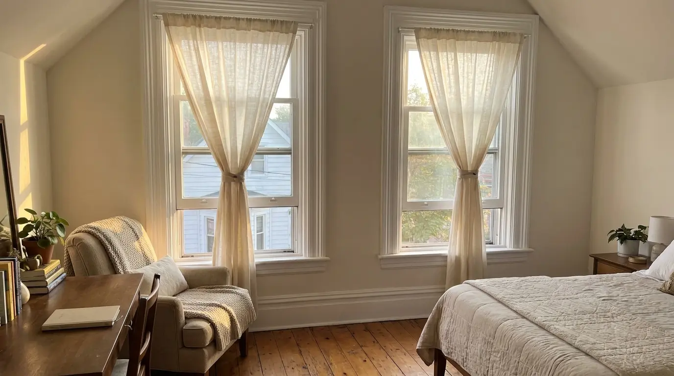 double hung window with both sashes open in a bright upper floor home interior