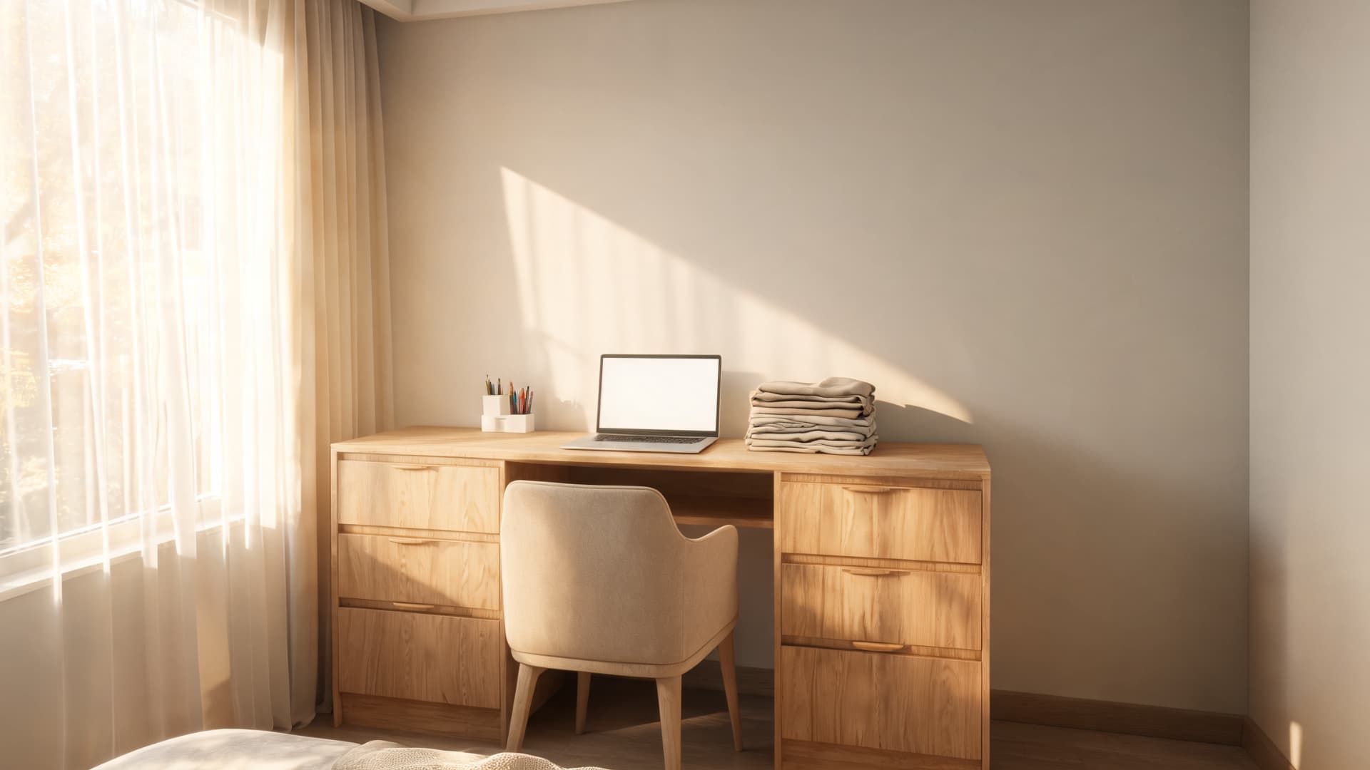 minimal wooden dresser desk with chair and laptop placed beside a sunlit bedroom window with soft neutral decor