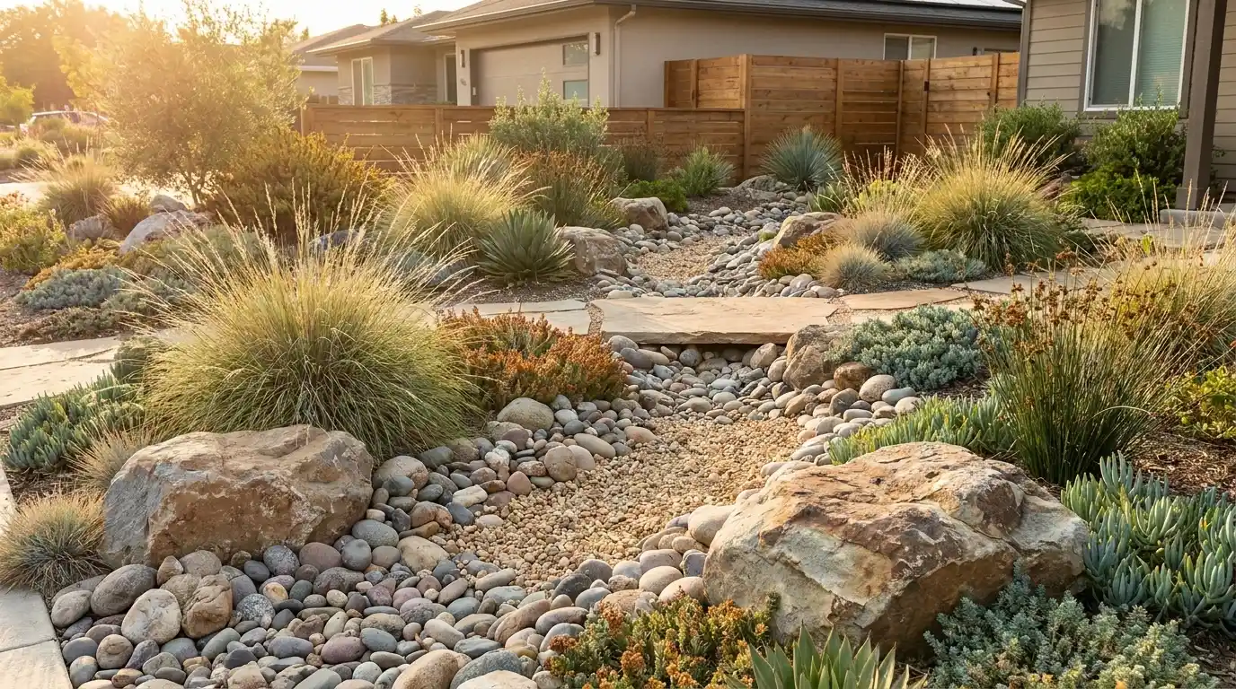 dry creek bed with river gravel, native boulders, grasses, and drought-friendly modern planting in sunlight