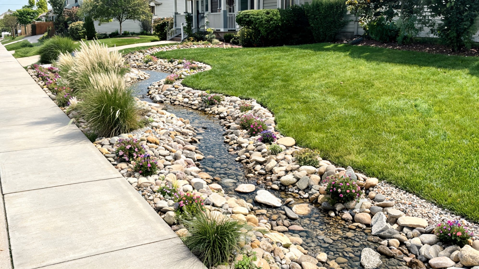 front lawn ideas with dry creek bed river rocks grasses flowers sidewalk and green lawn for drainage