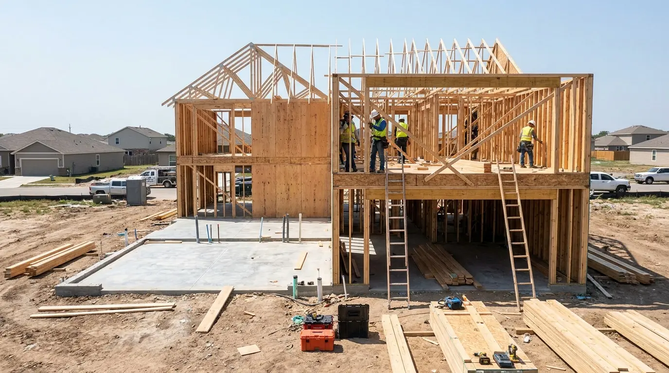 duplex framing and concrete foundation construction with wood beams and workers at residential build site