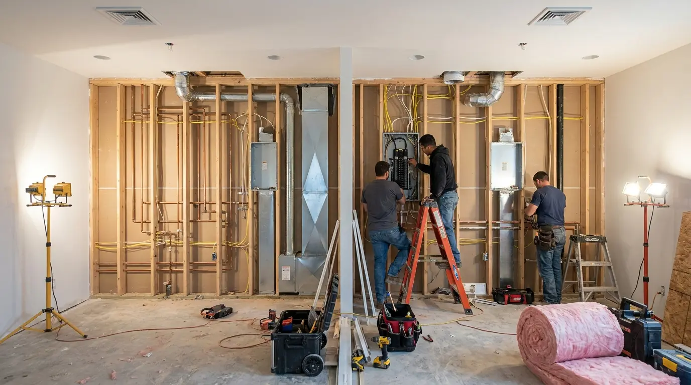 duplex interior with plumbing pipes, electrical wiring, hvac ducts, and active installation work