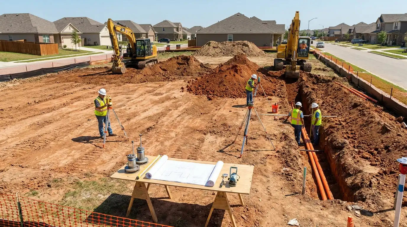 duplex land preparation with excavation, grading equipment, soil testing, and utility trench work in usa