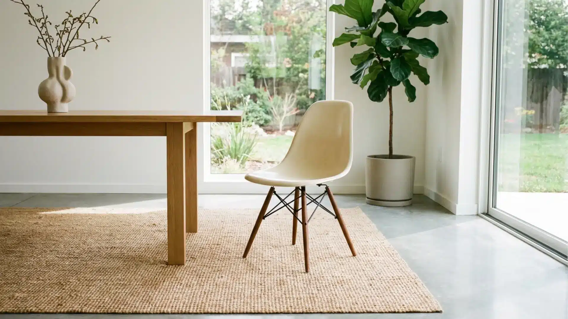 mid century eames dining chair with molded seat in modern minimalist dining room clean simple style