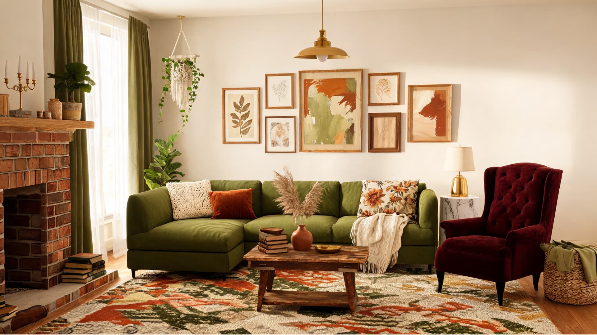 eclectic living room with green sofa, red chair, gallery wall, brick fireplace, and layered patterns