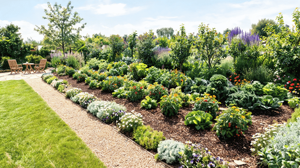 edible ornamental border with herbs, flowers, vegetables and overhead garden layout view