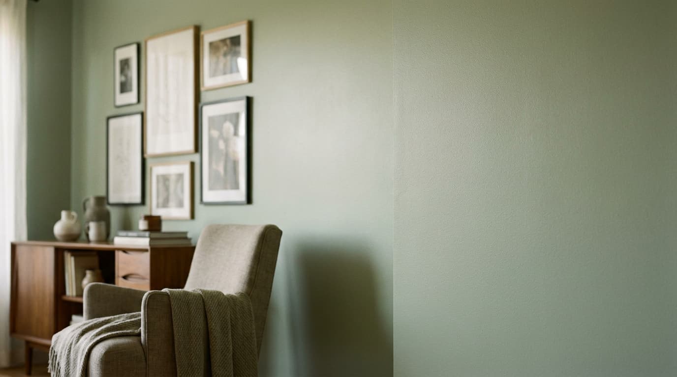 eggshell sage green wall with fine even texture and a gentle low glow in a warm living room