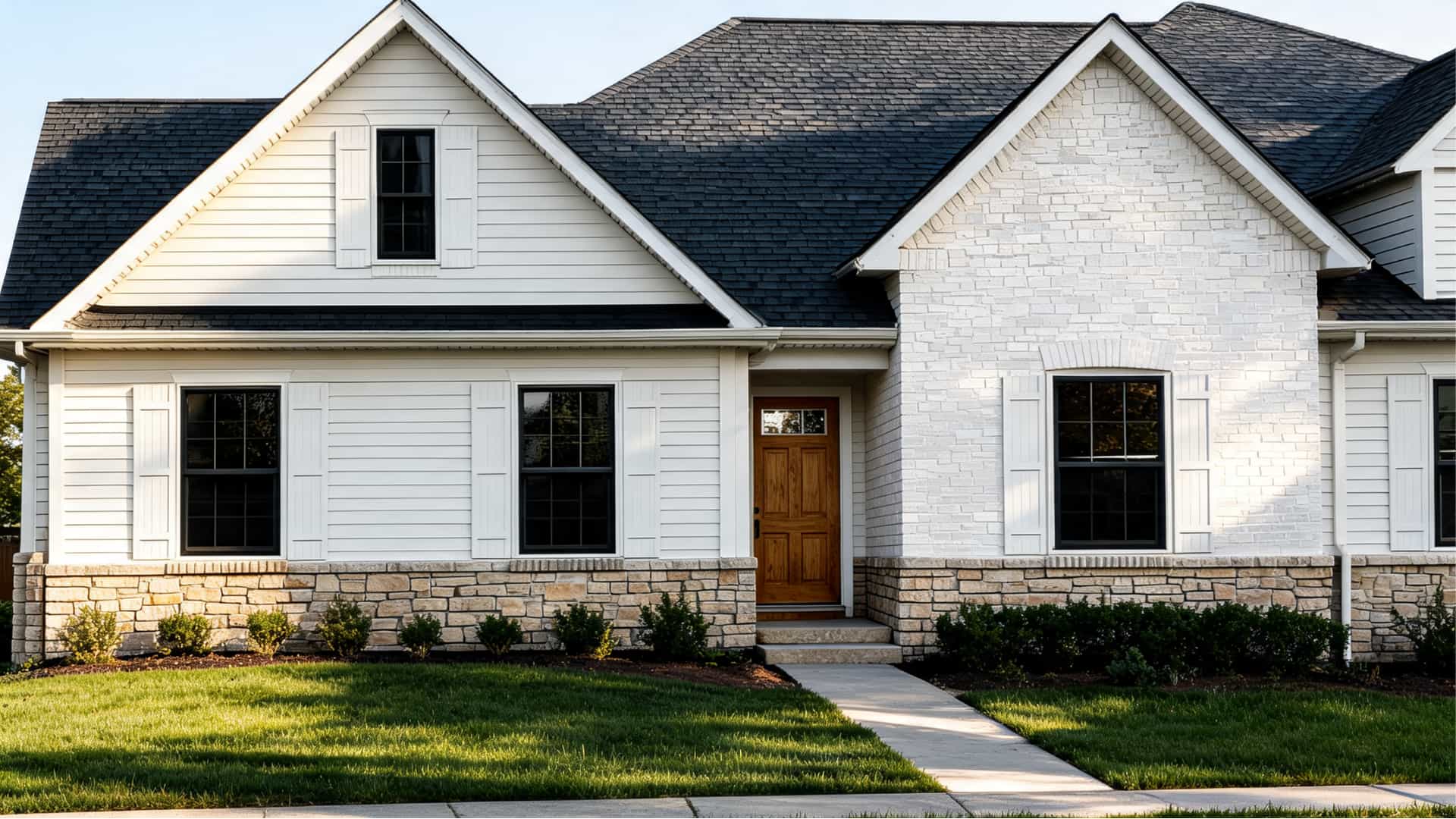 home exterior with soft eider white siding dark roof stone accents and natural wood front door