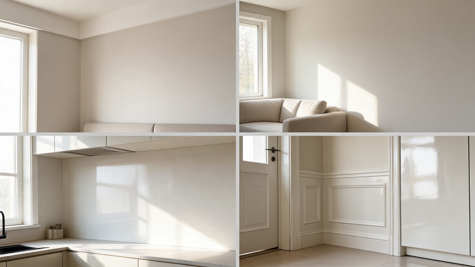 eider white finish comparison showing soft matte walls glossy surfaces and subtle light changes in neutral rooms