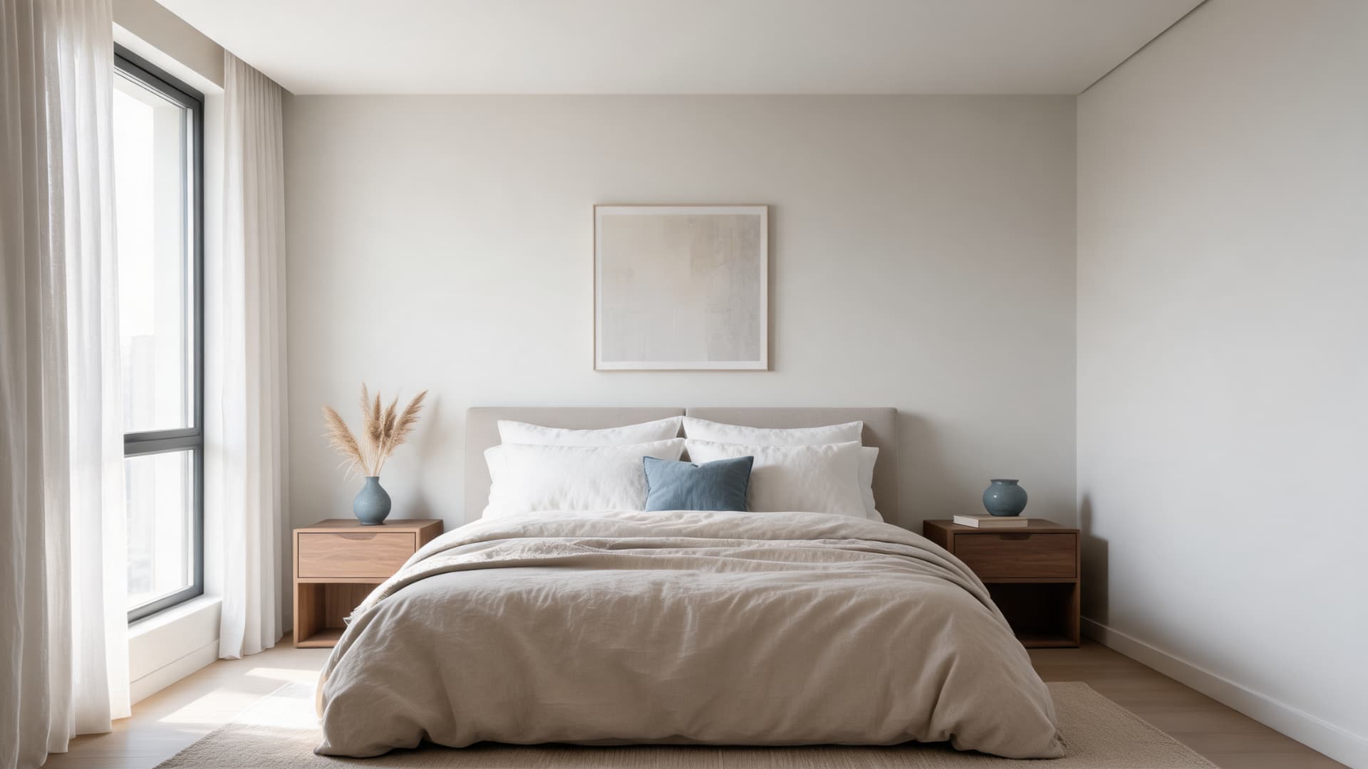 calm bedroom with eider white walls linen bedding warm wood furniture and soft blue accents