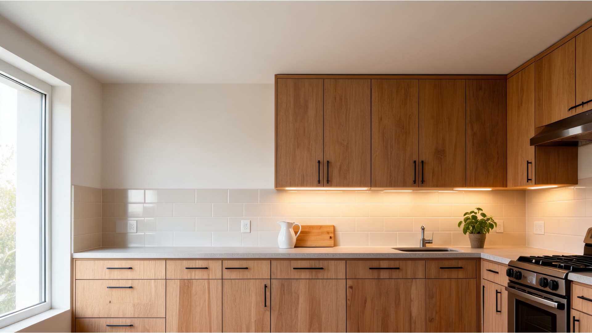 warm kitchen with eider white walls wood cabinets black hardware and soft under cabinet lighting