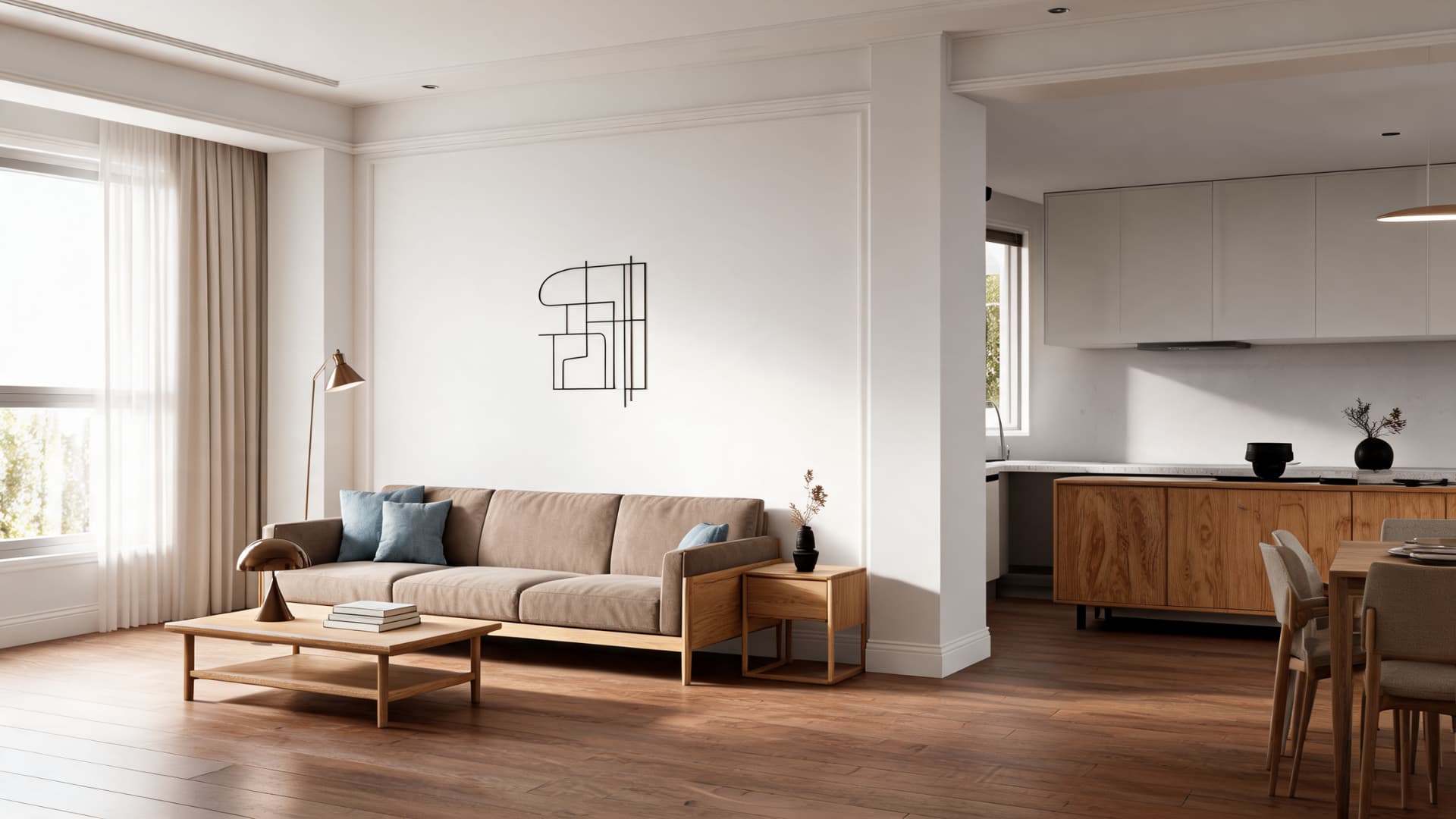 soft living room with eider white walls warm wood floors neutral decor and muted blue accents
