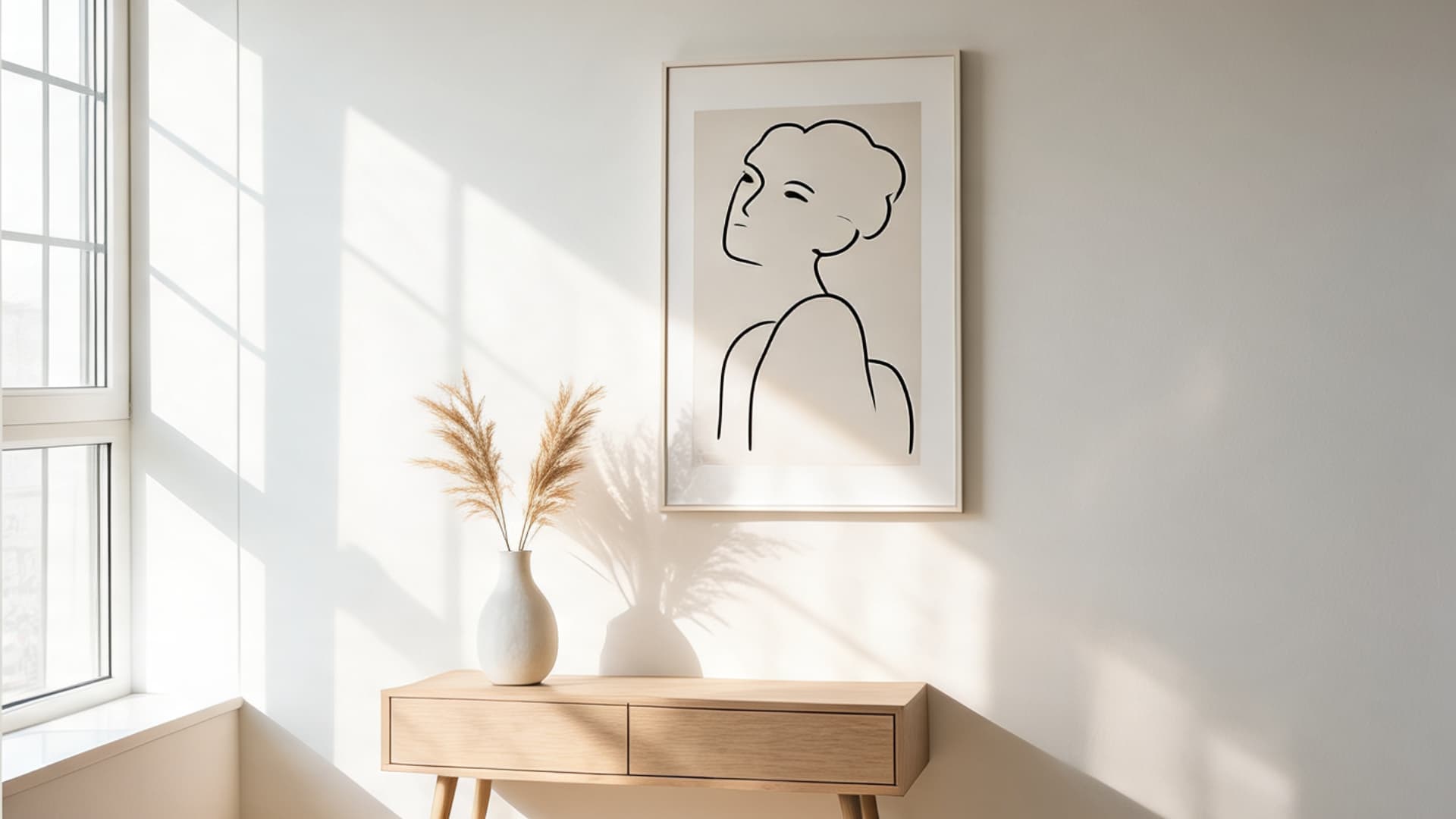 eider white wall in bright natural light with warm wood console, framed art, and soft shadows