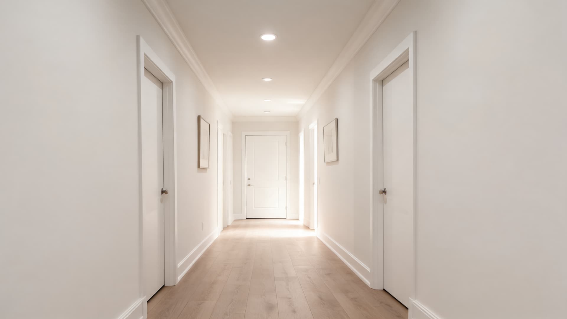 bright hallway painted in eider white with soft gray undertones and warm natural light