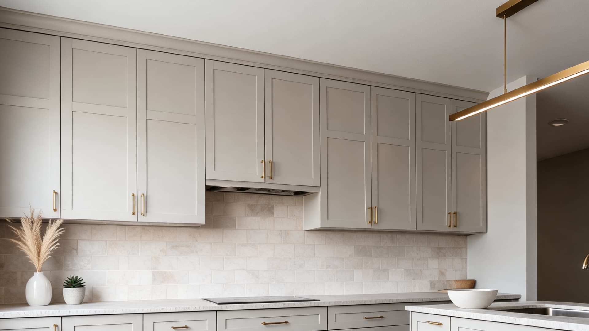 kitchen cabinets in soft gray white tones with brass hardware neutral tile and warm lighting