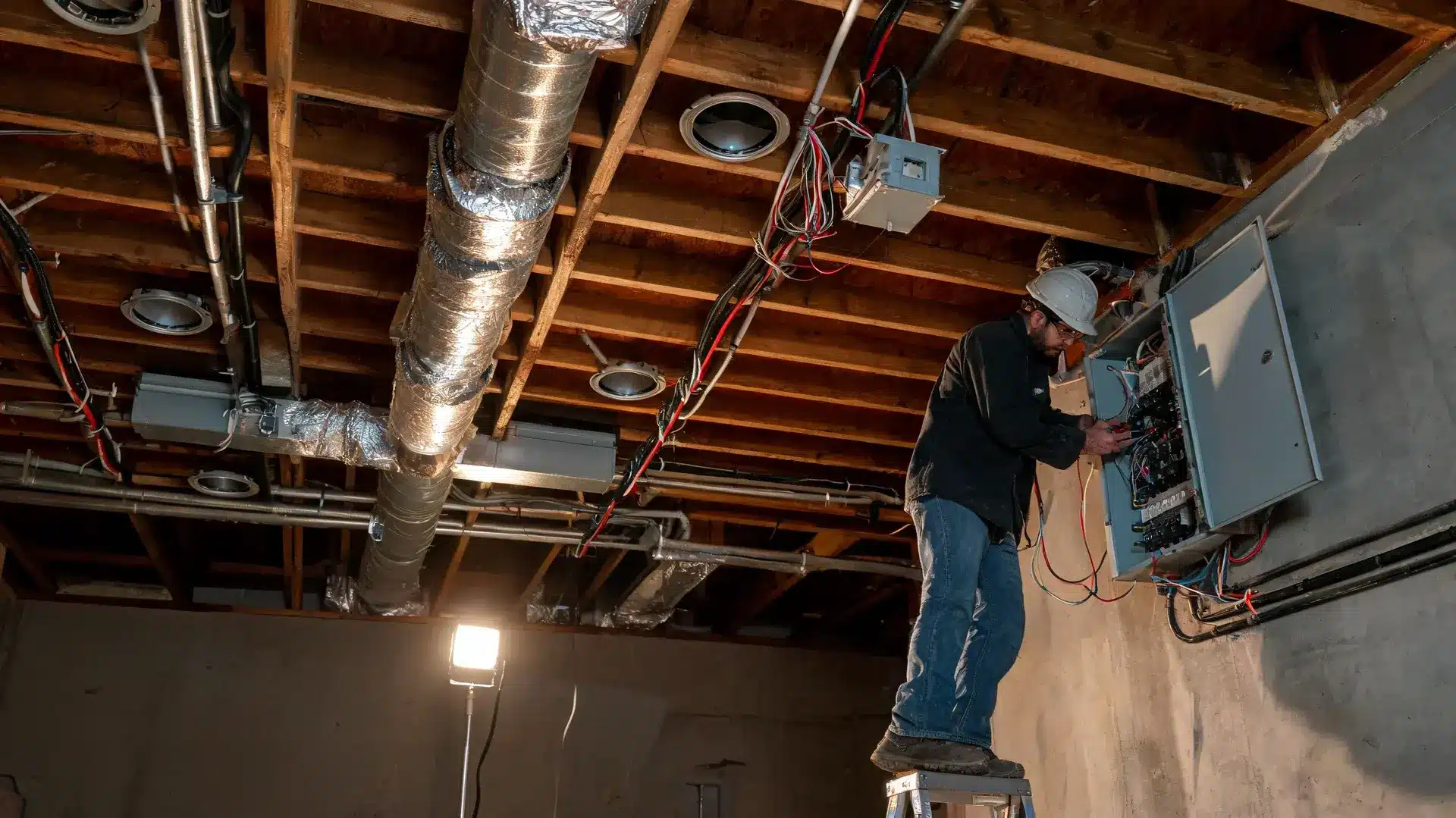 electrician wiring panel shows how much does it cost to finish a basement with hvac ducts and electrical upgrades