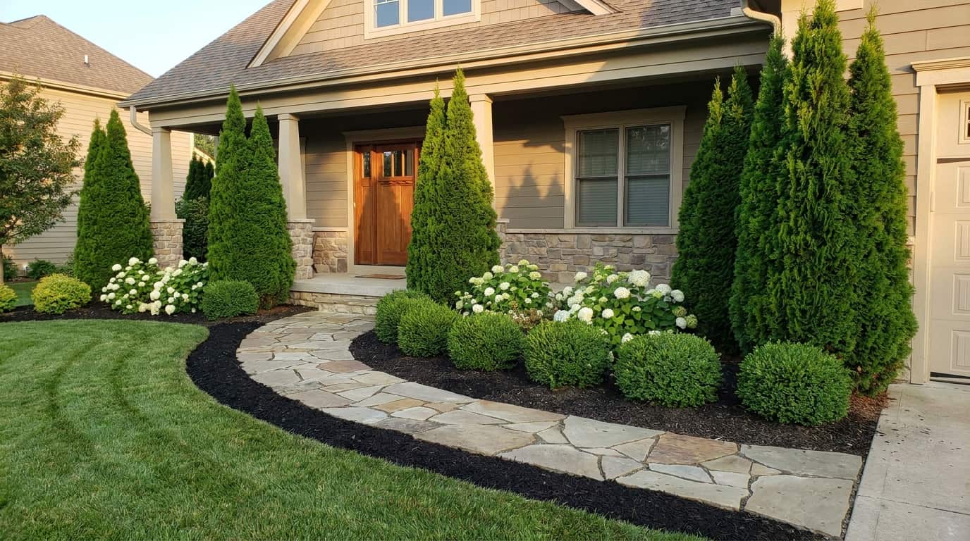 front yard with emerald green arborvitae spaced as accent trees near entry and walkway