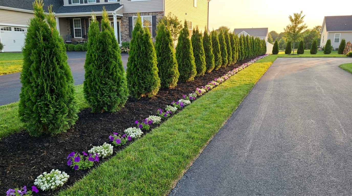 narrow driveway border with emerald green arborvitae spaced from pavement and cars