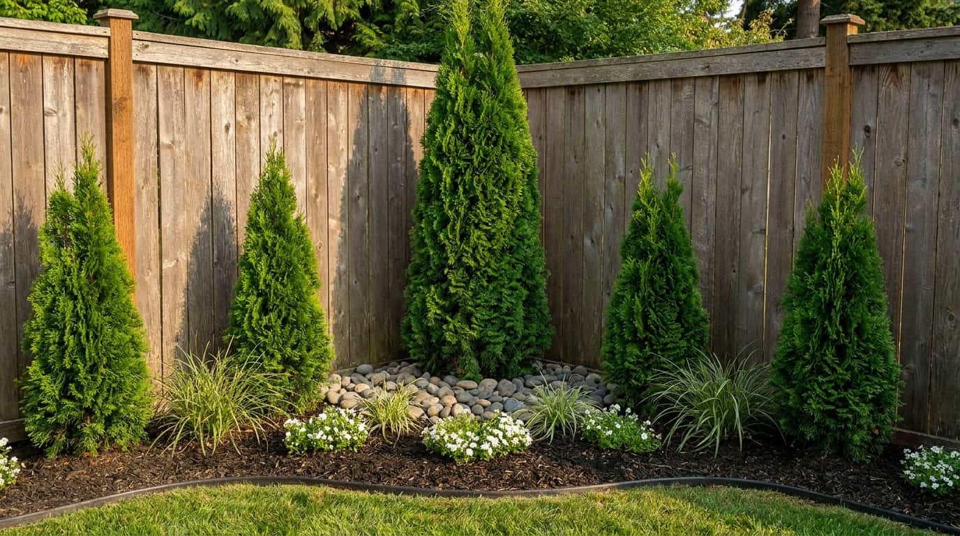 emerald green arborvitae in a layered fence corner with mulch stones grasses and soft light