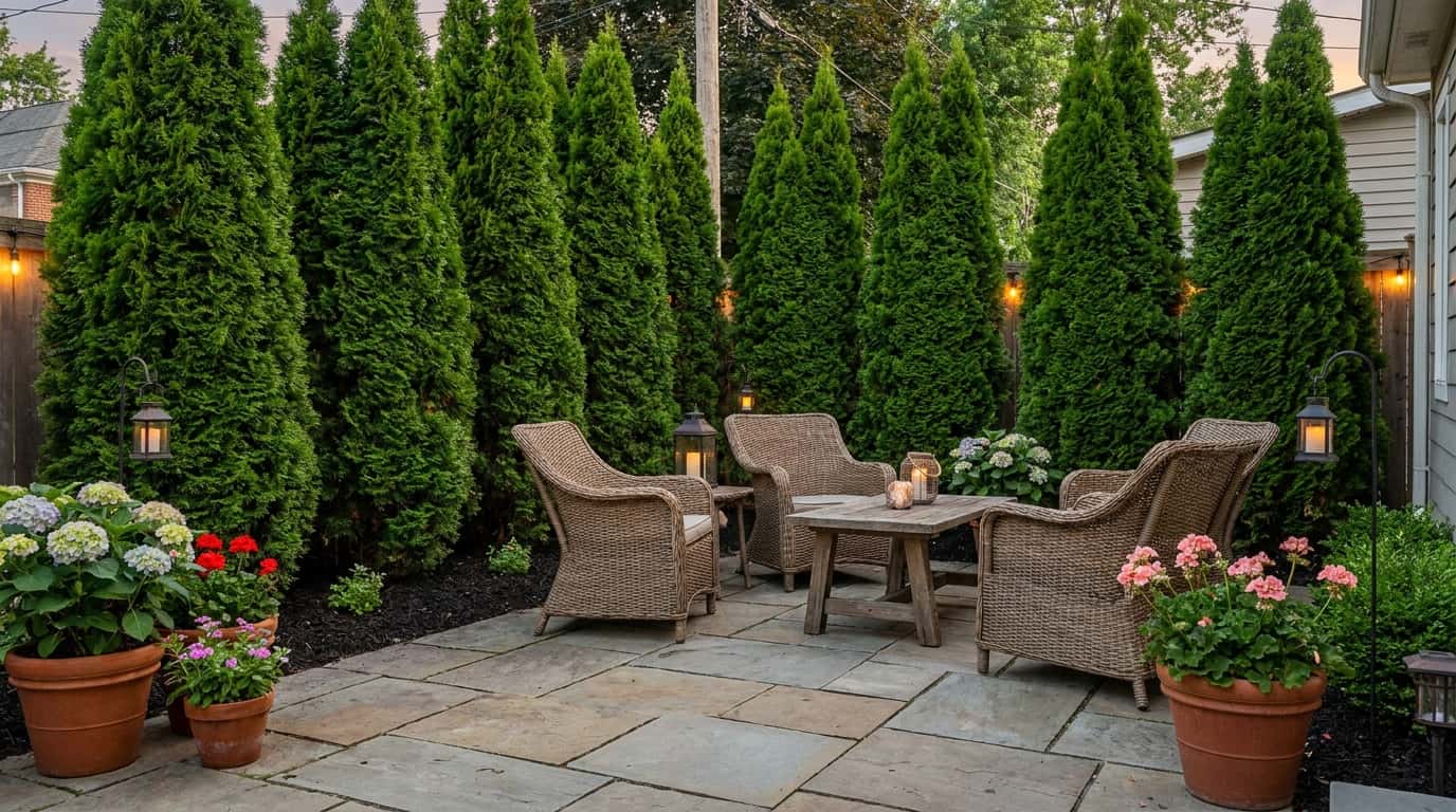 patio seating backed by emerald green arborvitae privacy wall with warm evening light