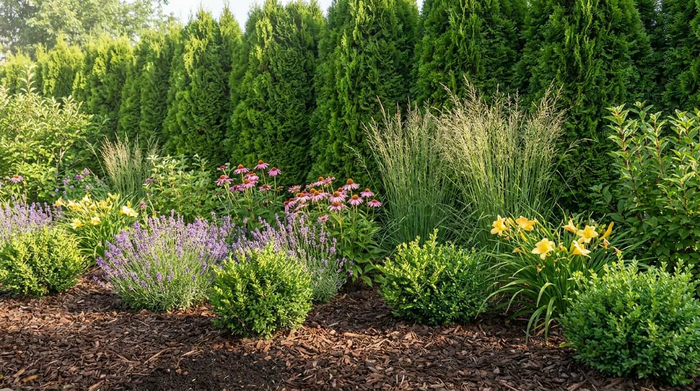 flower bed with emerald green arborvitae backdrop grasses shrubs and colorful blooms