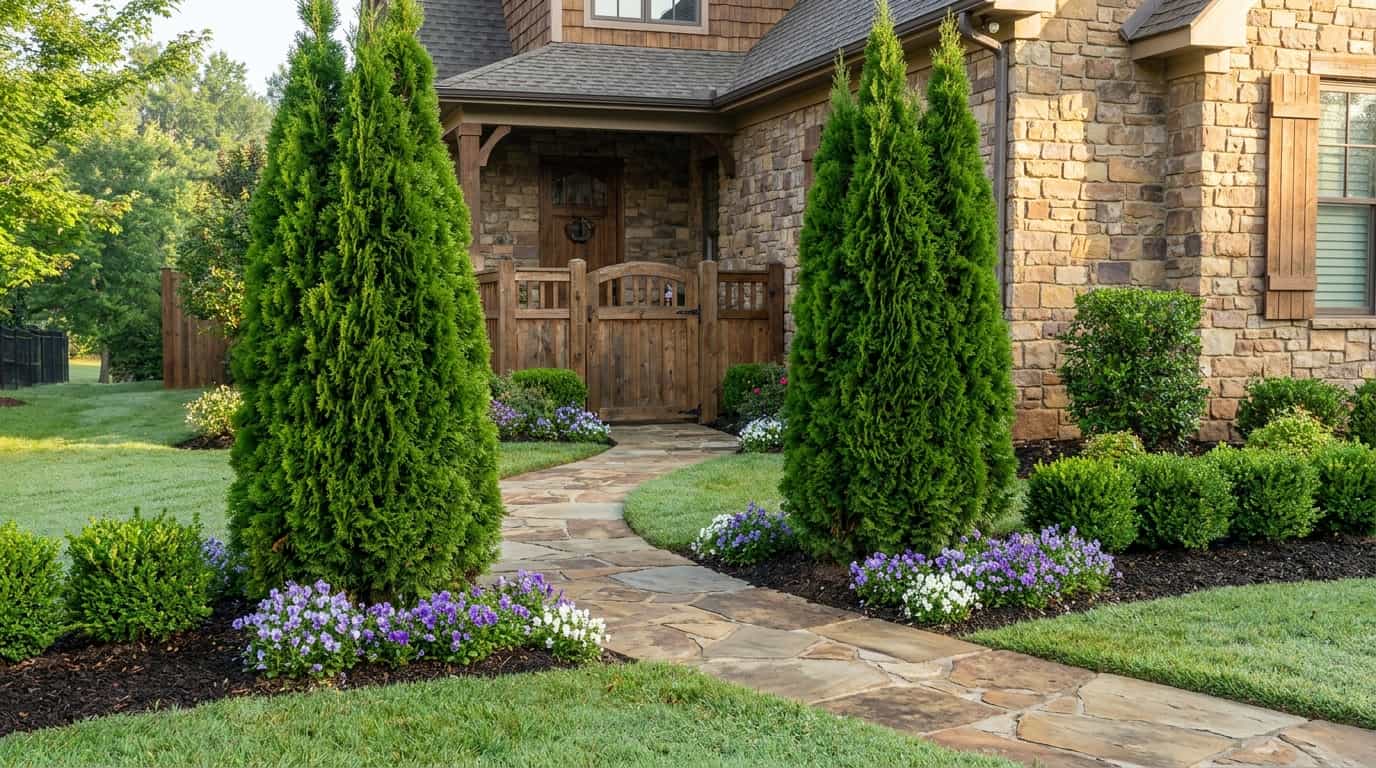 emerald green arborvitae framing a front walkway gate with flowers and soft morning light
