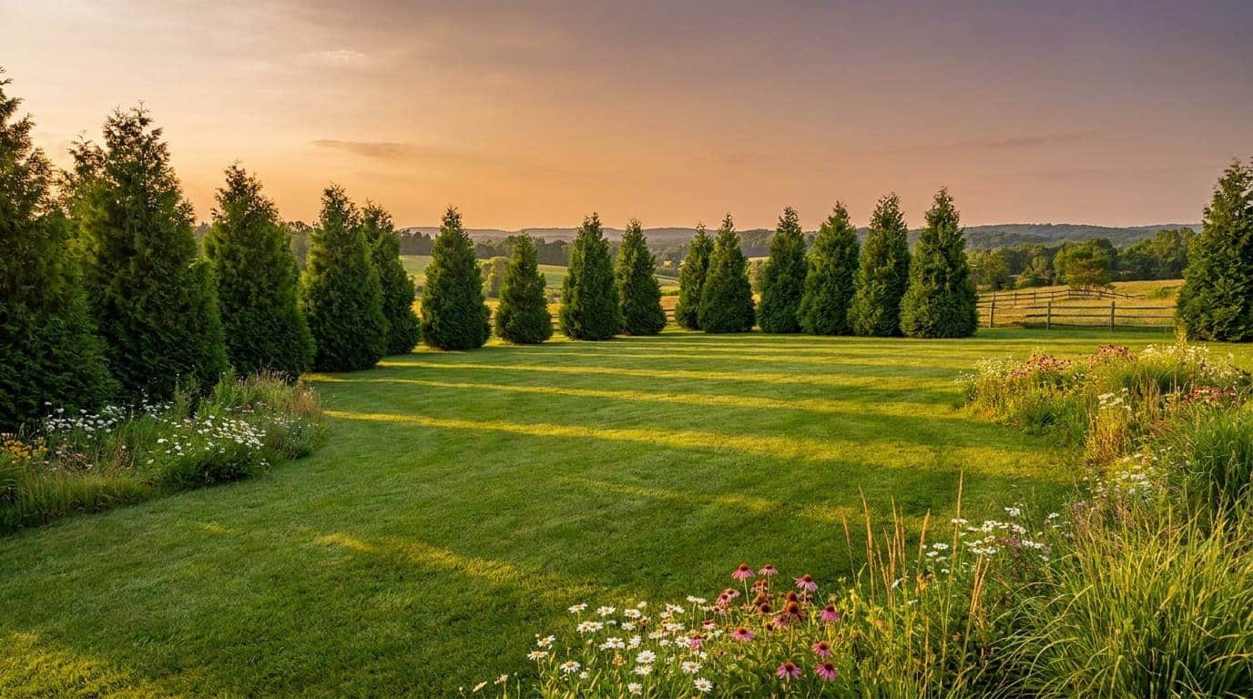 large property line with emerald green arborvitae spaced widely for a natural windbreak