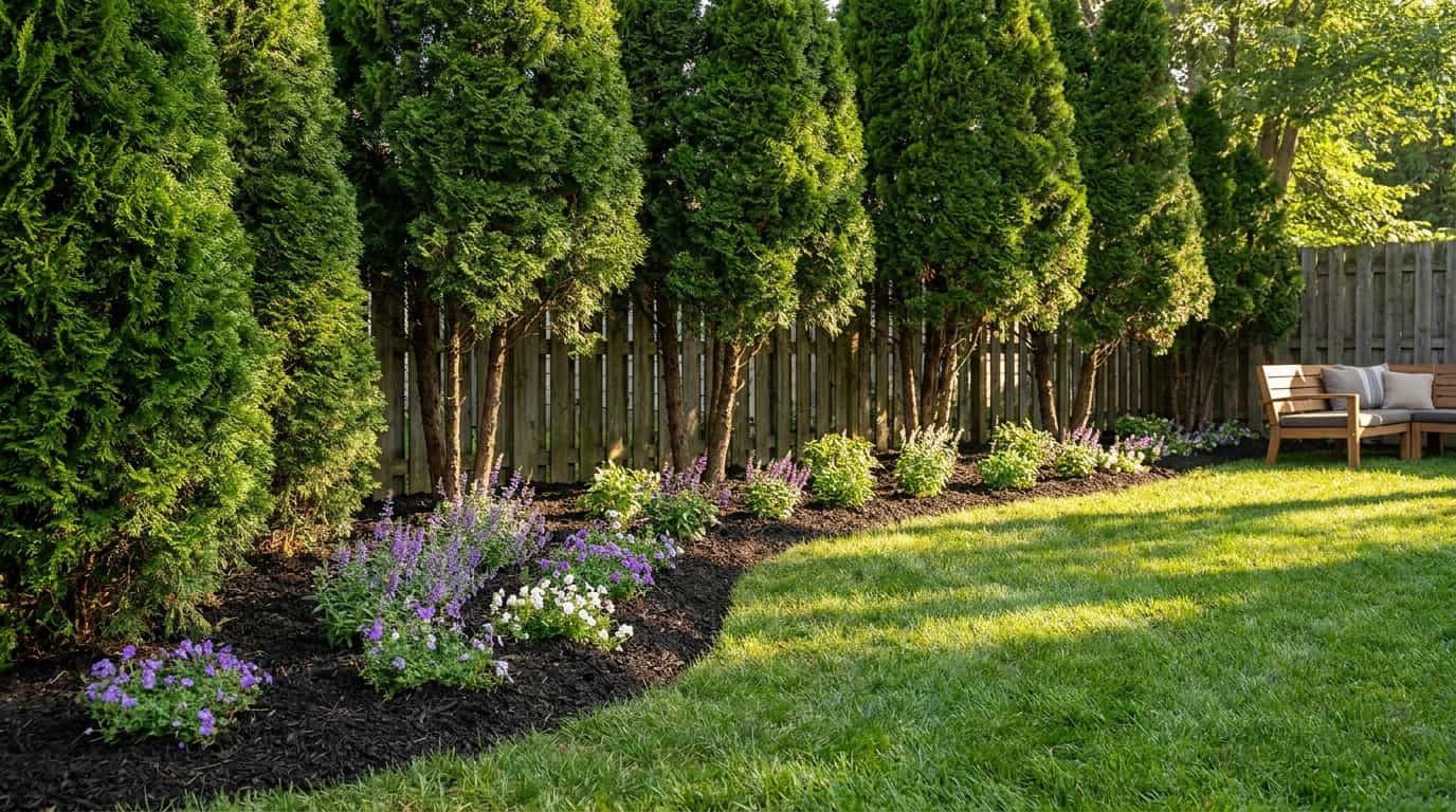medium backyard with emerald green arborvitae privacy row planted at balanced spacing