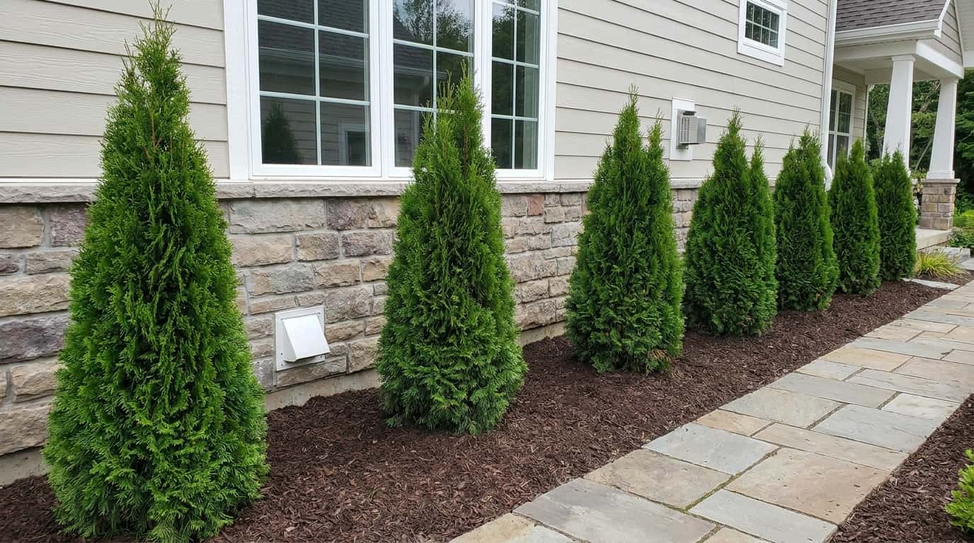 arborvitae planted near a home wall with room for branches windows and walkway access