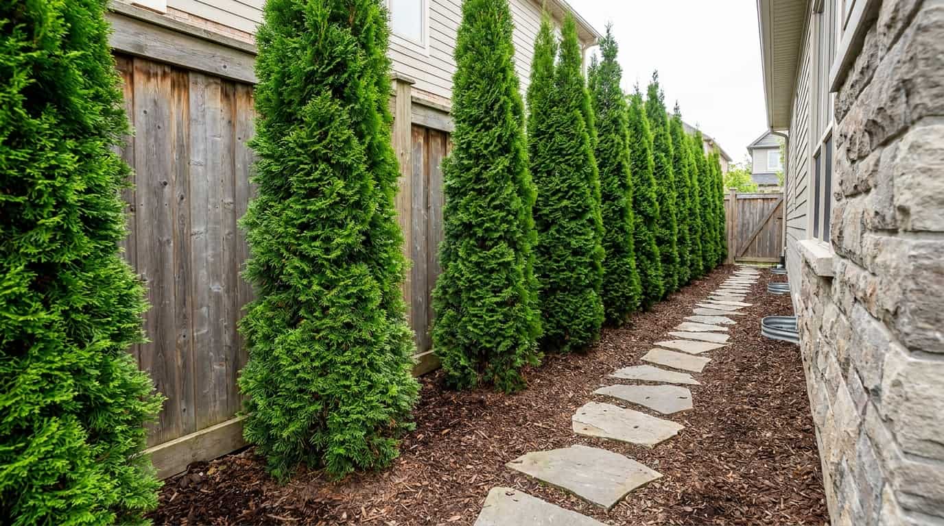 narrow side yard lined with slim arborvitae trees spaced carefully beside a fence