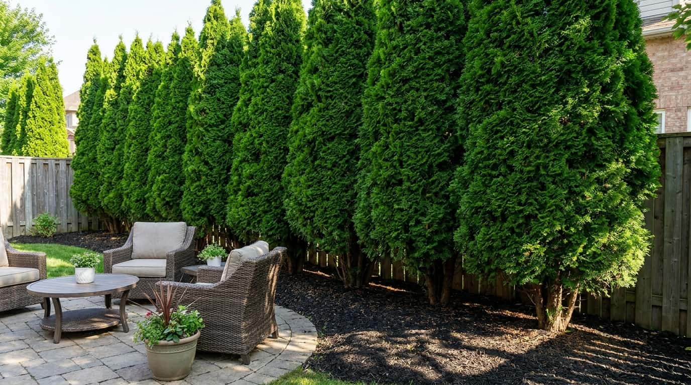 dense emerald green arborvitae hedge planted close together for backyard privacy