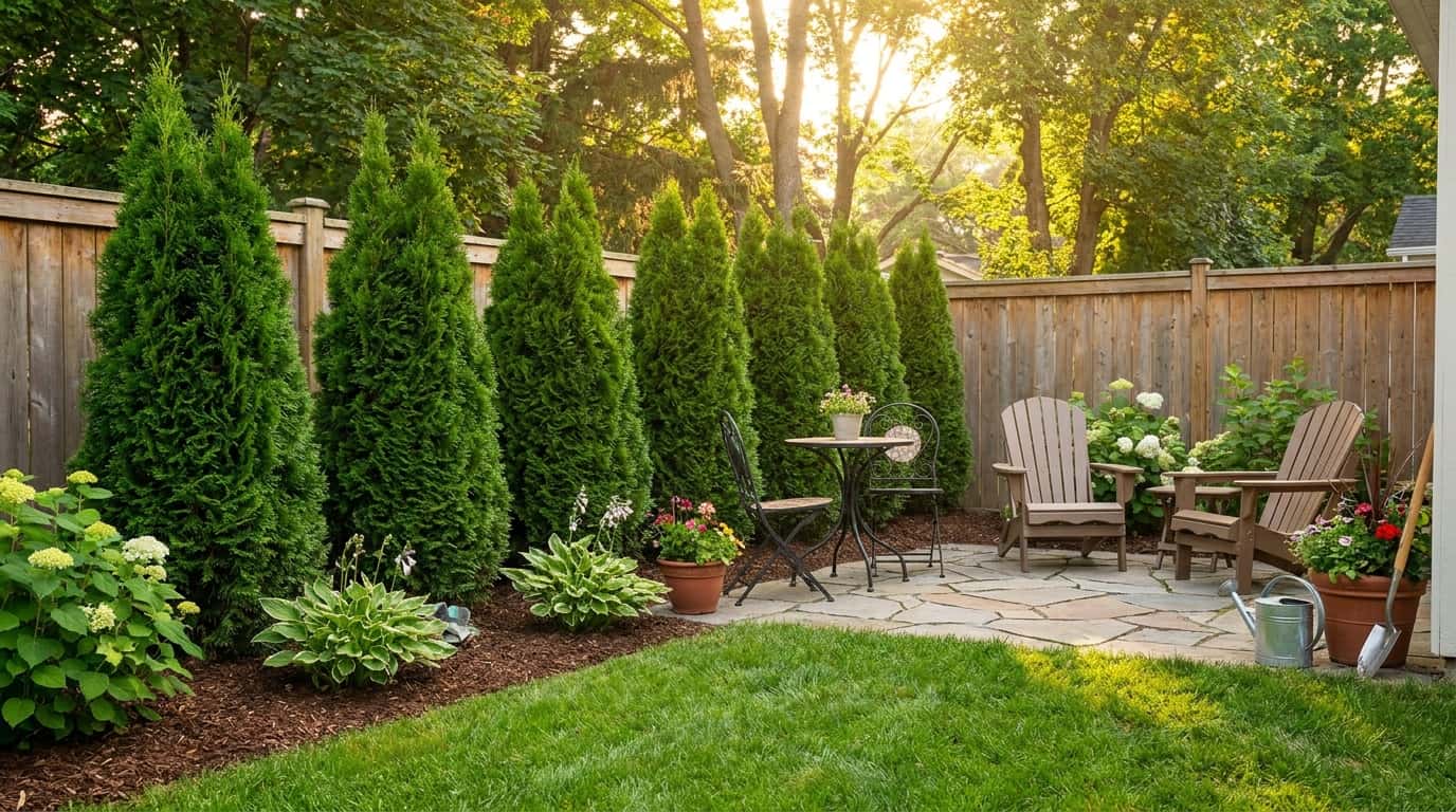small backyard patio screened by compact emerald green arborvitae planted three feet apart